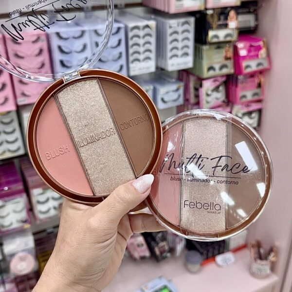 Paleta 3 em 1 Multi Face Febella com blush, contorno e iluminador. Produto versátil para realçar e definir o rosto, garantindo um acabamento impecável