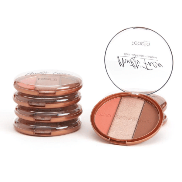 A Paleta Multi Face Febella reúne contorno, blush e iluminador em um único produto, garantindo praticidade e um acabamento impecável. Com alta pigmentação e textura aveludada, permite criar desde looks naturais até produções mais marcantes.