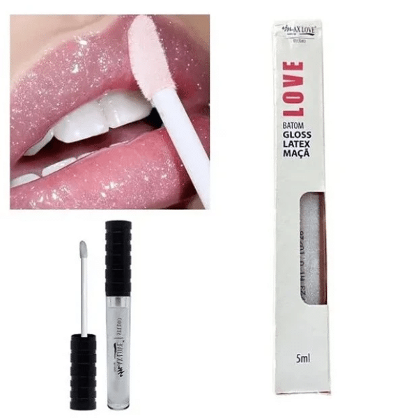 Batom Gloss Látex Maçã Max Love com Glitter: Batom gloss com brilho intenso e glitter, proporcionando lábios vibrantes, hidratados e luminosos. Ideal para um acabamento confortável e radiante, perfeito para qualquer ocasião.