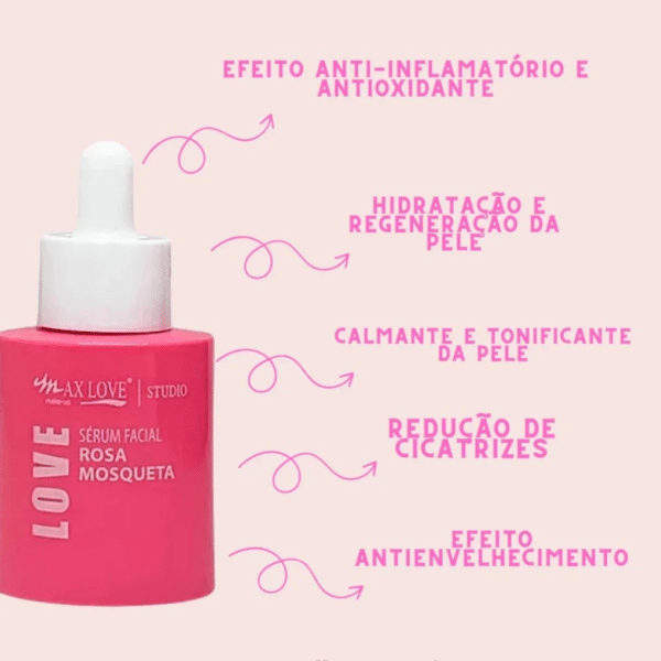 O Sérum Facial de Rosa Mosqueta 30ml Max Love é um poderoso aliado para quem busca uma pele mais hidratada, regenerada e com aspecto saudável. Rico em propriedades antioxidantes e nutritivas, ele ajuda a restaurar a barreira cutânea, suavizar marcas, uniformizar o tom da pele e proporcionar um brilho natural incrível.