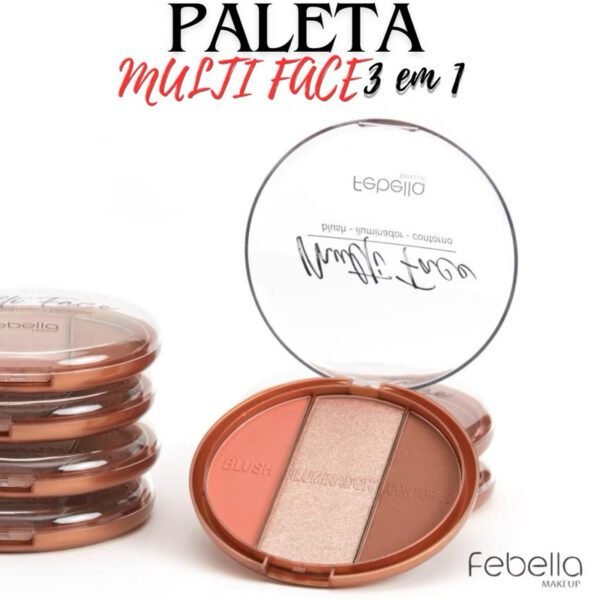 Paleta 3 em 1 Multi Face Febella com blush, contorno e iluminador. Produto versátil para realçar e definir o rosto, garantindo um acabamento impecável