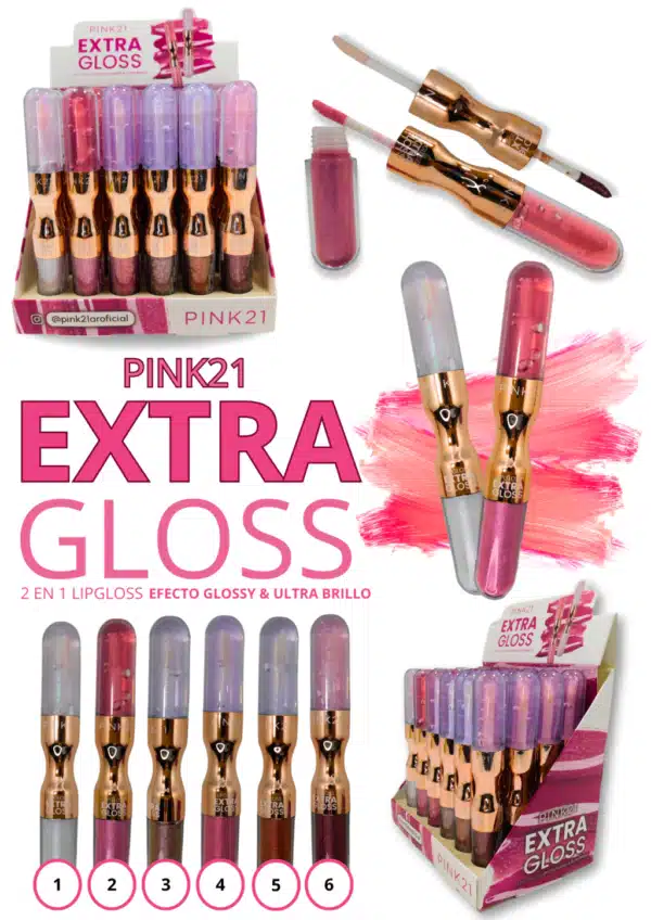 Lip Gloss 2 em 1 Extra Gloss Pink 21 – Lábios hidratados e com um brilho radiante! Sua fórmula confortável proporciona um efeito glossy duradouro, perfeito para qualquer ocasião.